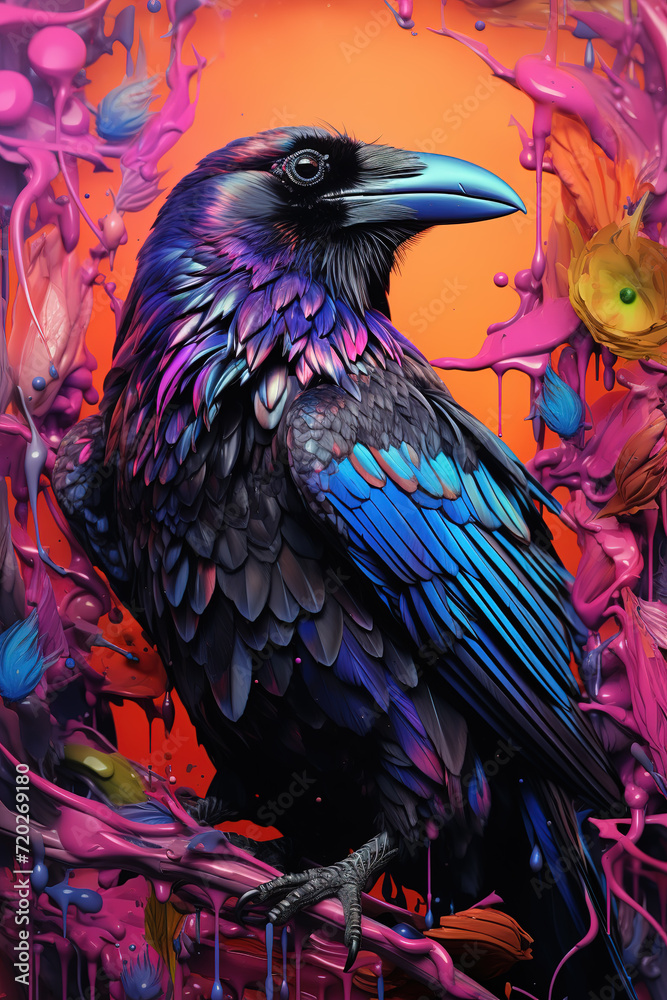 Wall mural black raven. neon colors. generative ai