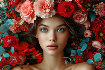 Naklejka premium Portrait of a beautiful young woman in flowers