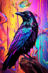 Black Raven. Neon colors. Generative AI