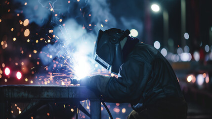 Welder welding in a construction environment. Professional worker doing manual labour.