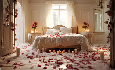 A bedroom strewn with rose petals and candles.