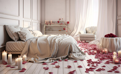 A bedroom strewn with rose petals and candles.