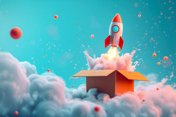 Illustration of launching a small rocket from a box - obrazy, fototapety, plakaty