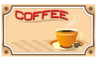 Coffee cup with steam and beans in decorative frame design poster vector image