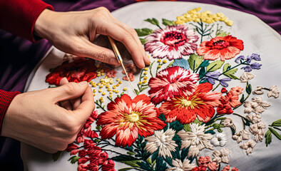 Fototapeta na wymiar A Hand Creating a Vibrant Flower Design with Embroidery