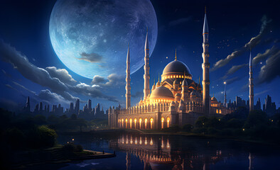 A starry night with a glowing Islamic crescent moon in the background of a mosque. - obrazy, fototapety, plakaty