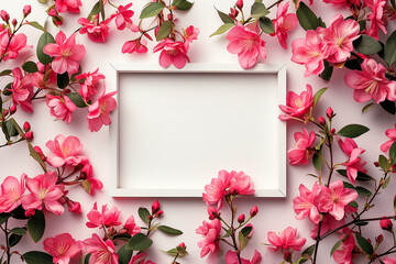 Creative layout with flowers and white frame on a white background, frame banner