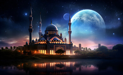 A starry night with a glowing Islamic crescent moon in the background of a mosque.