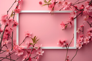 Creative layout with flowers and white frame on a pink background, frame banner