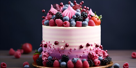 Delicious berries biscuit cake torte dessert with fresh berries on cake with dark wall background.