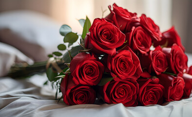 A bouquet of red roses lying on the bed.