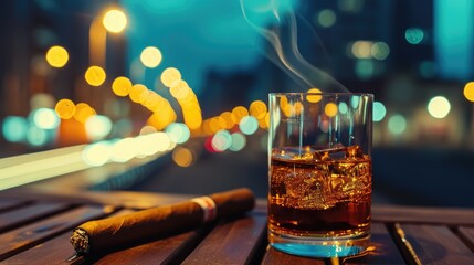 Fototapeta na wymiar A glass of whiskey and a cigar on a wooden table