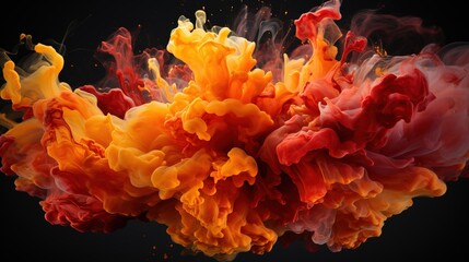 Color ink images moving through the air, Red and orange color explodes dynamite, A Symphony of Colors: Ethereal Ink Images Dancing in the Air - Abstract AI Cloud Explosion