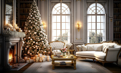 Fototapeta na wymiar Elegant Christmas living room with fireplace and Christmas tree