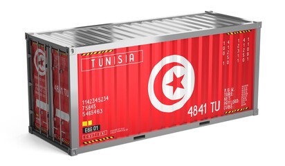 Freight shipping container with national flag of Tunisia on white background - 3D illustration