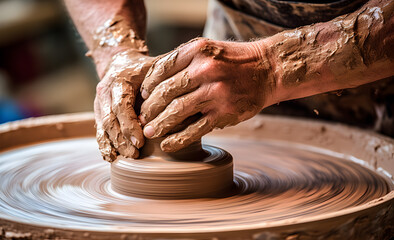 Making pottery, shaping clay by hand on a wooden wheel