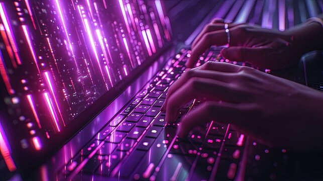 Close-up of a programmer's hands typing on a backlit keyboard, with digital data lines flowing in the background, representing active coding or data entry.