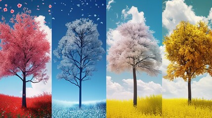 A visually striking representation of a tree depicted in four different seasonal scenes, symbolizing the cycle of nature.