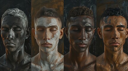 This striking digital composition showcases four male faces with various skin tones, each artistically covered in different textured materials, evoking a strong sensory and emotional response. - obrazy, fototapety, plakaty