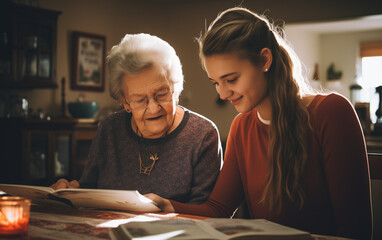caregiver helping an elderly client look at a tablet,