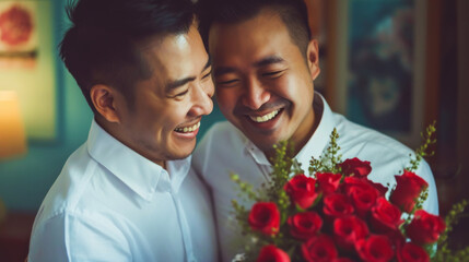 Happy asian gay couple hugging with bouquet flowers. Engagement celebration. Pride concept. Generative AI