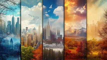 A creative depiction of a cityscape transitioning through all four seasons, from the snowy winters to the golden hues of autumn.
