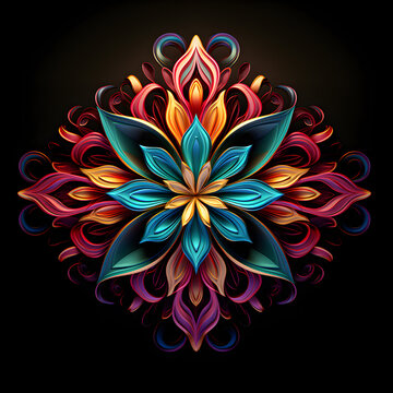 Symmetrical abstract floral design in bright colors on black background