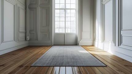 Fototapeta premium Elegant room featuring traditional wall paneling, a large window with city view, herringbone wood flooring, and a centered grey rug, bathed in natural light.