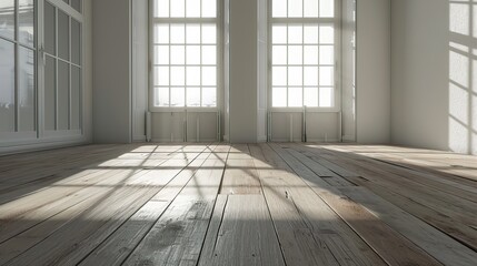 Bright and airy empty room featuring tall white windows casting shadows on rustic hardwood flooring, in a serene minimalist setting.