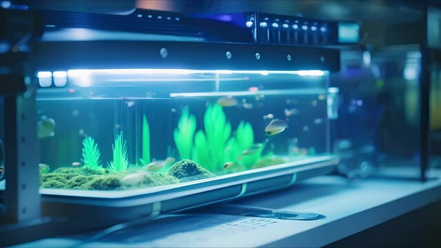 Closeup of a UV light on an automated aquarium cleaner for controlling algae growth.