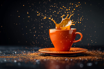 Cup with coffee in air on a black background