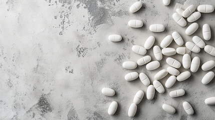 White pills on gray textured background flat lay