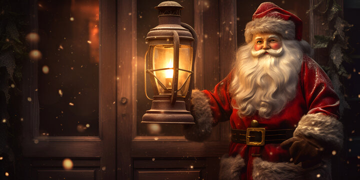 A santa claus standing in front of a house with holding a lamp and a window in the background.