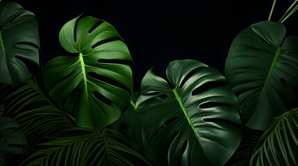 Lush green monstera leaves tropical jungle foliage dark green leaf nature background,,
Tropical elegance Creative nature layout with green palm leaves Pro Photo
