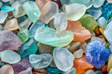 An activity of sea glass hunting on the shore - where beachcombers search for and collect colorful gems - enjoying the ocean's natural art and uncovering seaside treasures.