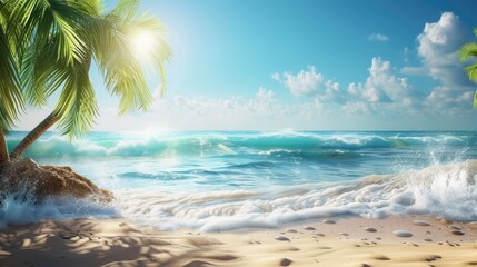 Oceans and palm trees on a tropical beach with sand and sun