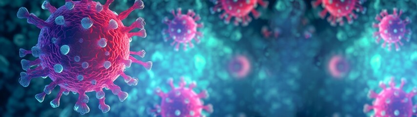 Virology medicine science background banner panorama long wide illustration - Corona virus, covid, flu outbreak, microscopic view of influenza virus cells, lots of abstract 3d viruses texture - obrazy, fototapety, plakaty