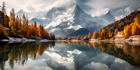 A mountain and a lake landscape background lake with trees and mountains in the background. - obrazy, fototapety, plakaty
