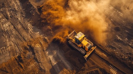 Earth-Moving Mastery: Heavy Machinery at Work - Bulldozer Leveling the Ground for a Commercial Construction Project. A Dynamic Scene with Dust and Debris, Showcasing the Power of Equipment.

