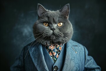 a cat dressed in a blue suit with floral pattern, Business cat wearing suit, Ragdoll cat kitten isolated in glam fashionable couture high end outfits isolated Creative animal concept