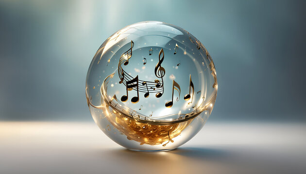 schlichte elegante Kugel aus Glas mit schwebenden goldenen Musik Noten und Schl&uuml;sseln, wild wirbelnd Klang Rhythmus Melodie, lustiges Konzert Radio Fernsehen, magischer Hintergrund Vorlage