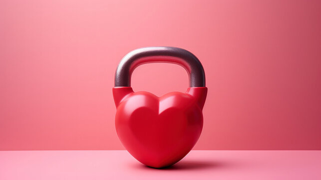 Red heart-shaped kettlebell in the shape of a heart on pink background with copy space for text. Valentines day and Fitness concept