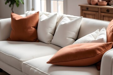 Close-up of terracotta and white pillows on a fabric sofa. Interior design for a modern living room in a French country house.