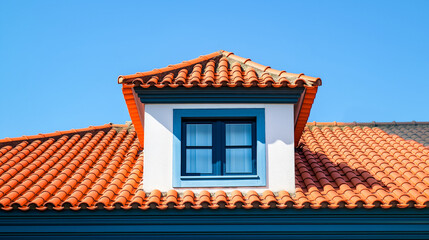Roof shingles with garret house on top of the house. red  Ceramic tiles on the roof background - obrazy, fototapety, plakaty