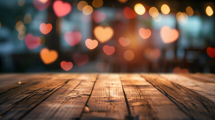 Empty wooden table with blurred background, Heart-shaped bokeh lights of six star luxury hotel room at valentine day - obrazy, fototapety, plakaty