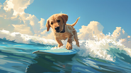 Labrador Retriever puppy is happily surfing in the ocean, making bright splashes on the coast. generative AI