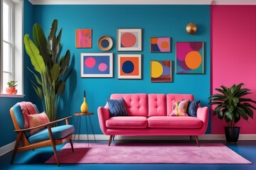 Colorful vibrant home interior design of a modern living room in mid-century pop art style. Pink...