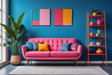 Colorful vibrant home interior design of a modern living room in mid-century pop art style. Pink sofa with shelves against a blue wall.
