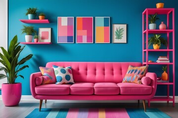 Colorful vibrant home interior design of a modern living room in mid-century pop art style. Pink sofa with shelves against a blue wall.