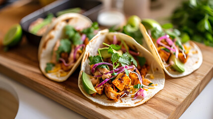 Mexican street food and poke tacos, featuring vegetables, salad, avocado, and fish, exemplifies a fusion of culinary influences. Generative AI
